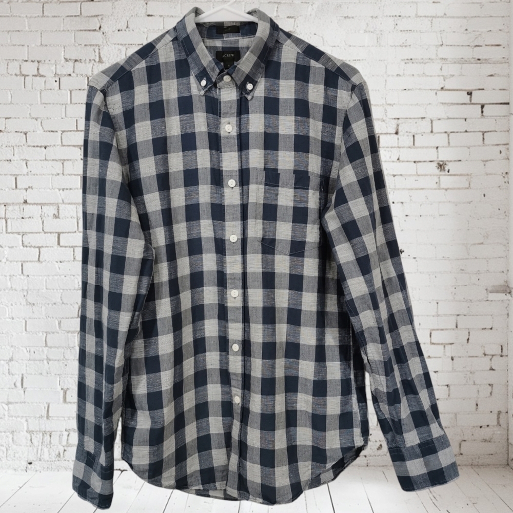 J Crew Linen Blend Long Sleeve Button Down Check Shirt in Blue, Grey - Sz S